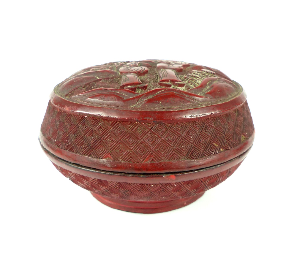A Chinese antique carved cinnabar lacquered circular box and cover, 7. - Image 2 of 5