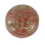 A Chinese antique carved cinnabar lacquered circular box and cover, 7.