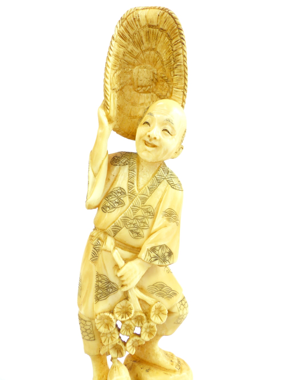 Japanese, 1920s ivory figure, study of a man in kimono with his Bokunan-Do raised from his head, - Image 2 of 4