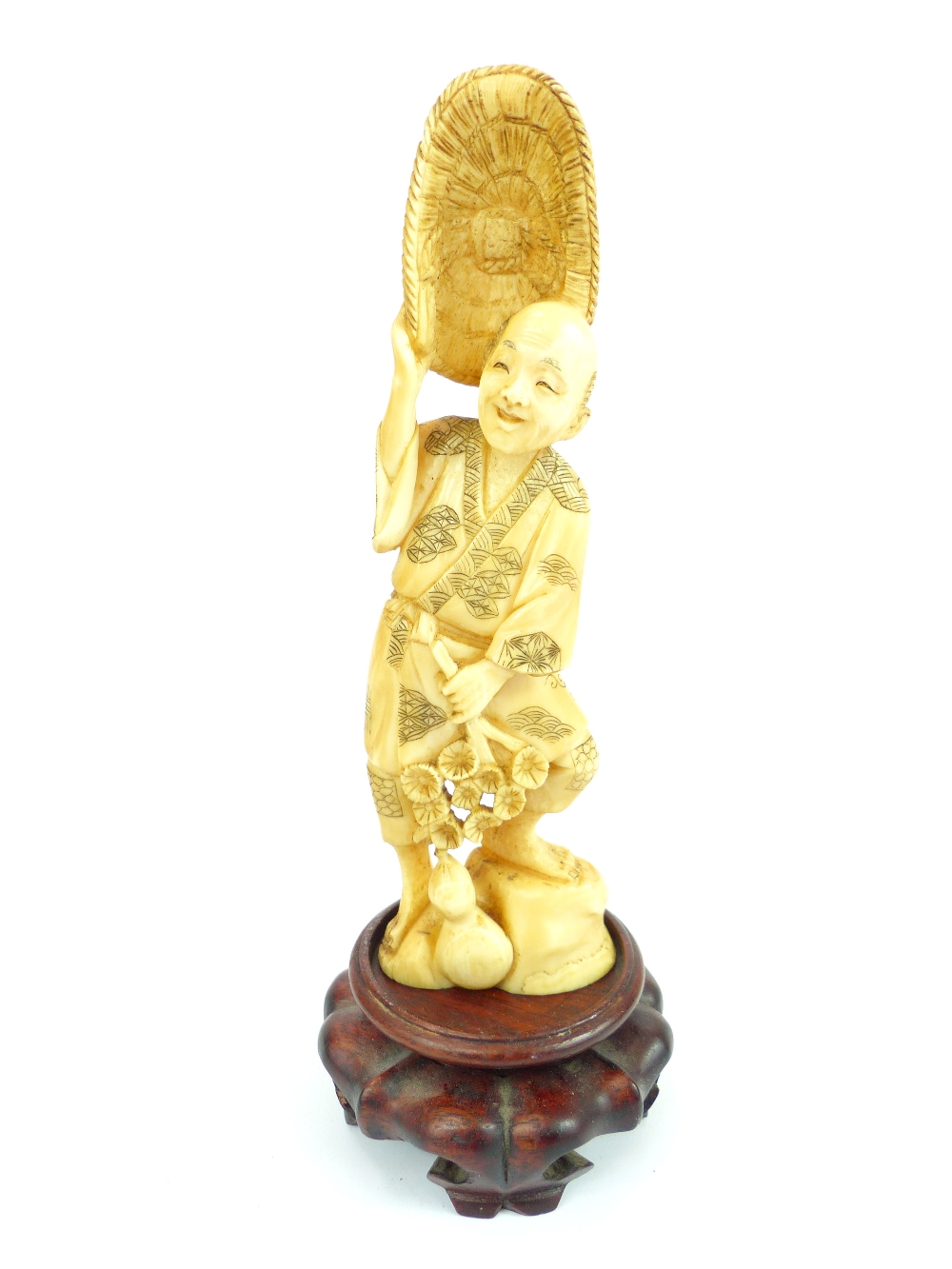 Japanese, 1920s ivory figure, study of a man in kimono with his Bokunan-Do raised from his head,