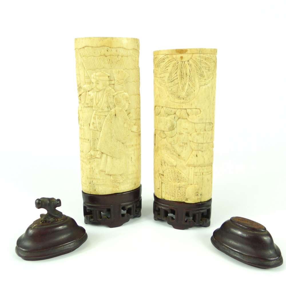 Pair of carved 19th C ivory cylinders, figural and scenic relief carved, - Image 2 of 2