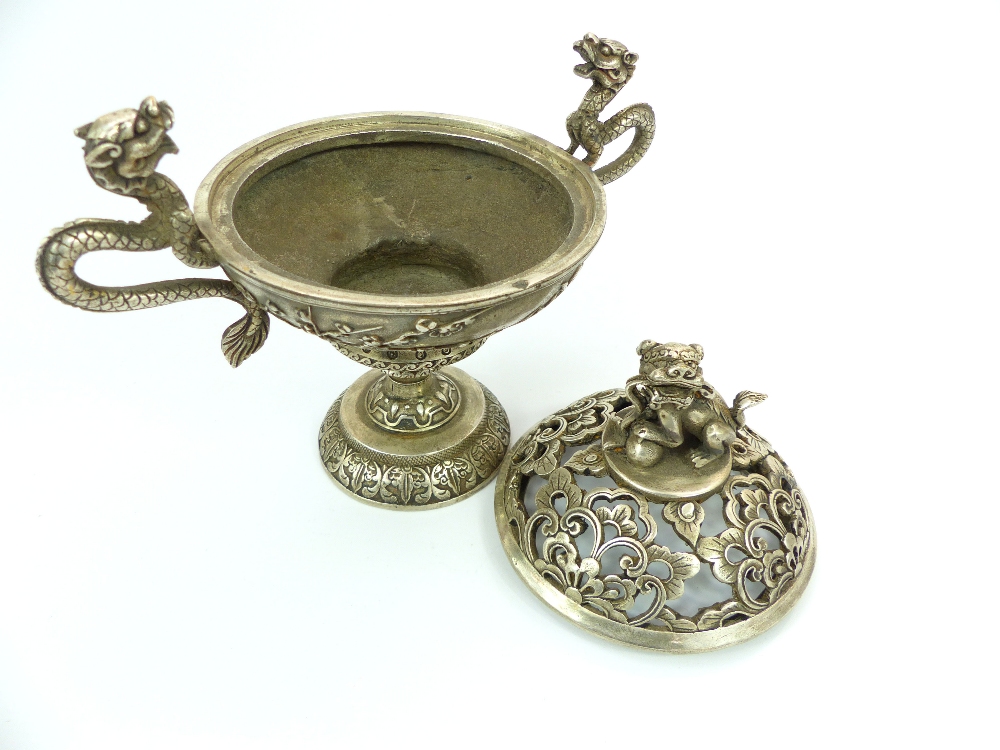 Chinese white metal incense or pot pourri cup and cover, temple dog of Fo surmount, dragon handles, - Image 2 of 2