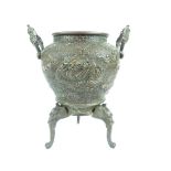Chinese bronze pot, double dragon handles, dragons and flaming pearls to body over all-over whirls,