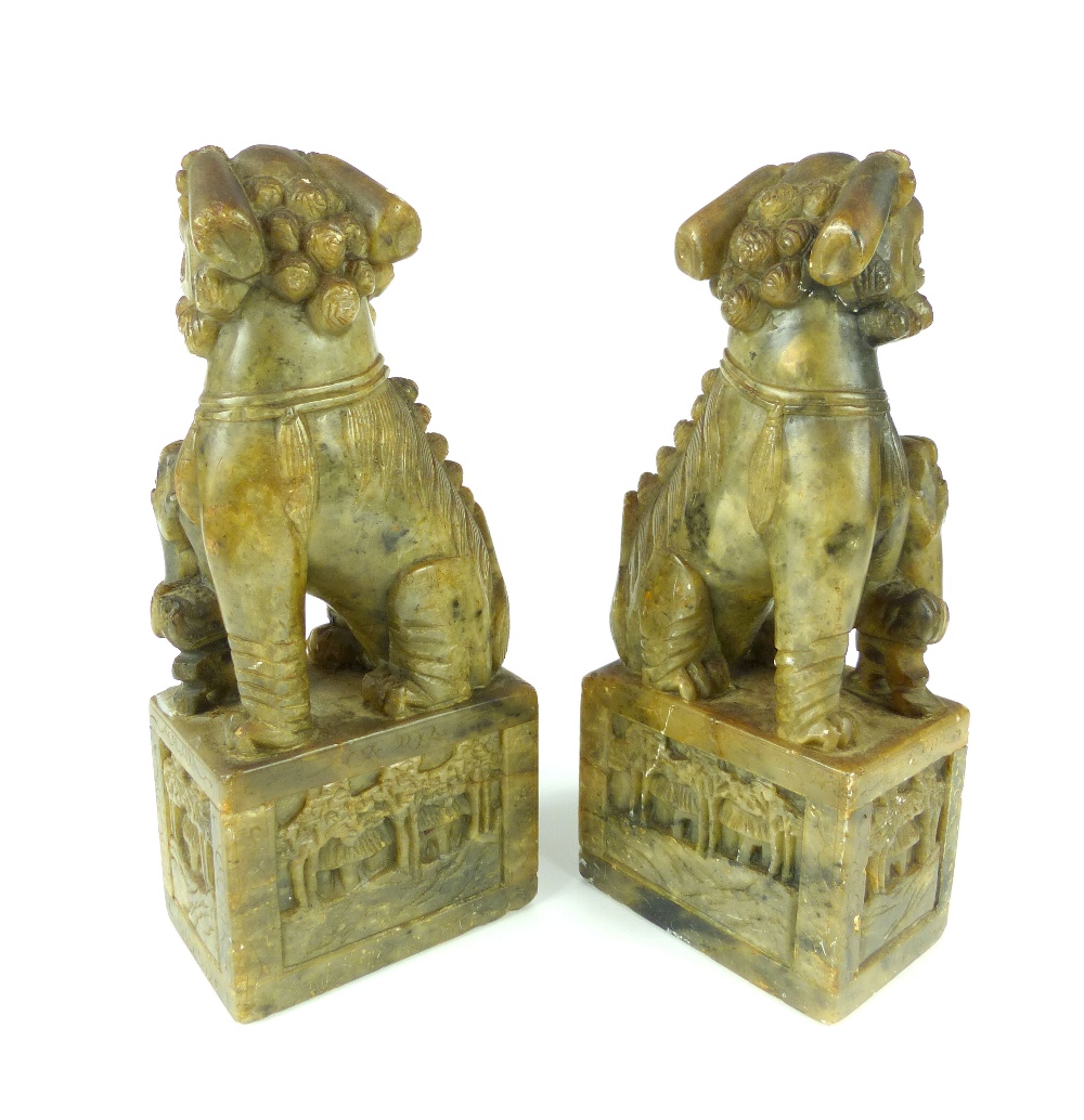 Pair of Chinese temple dogs, carved onyx, open mouth guardians with young at foot,