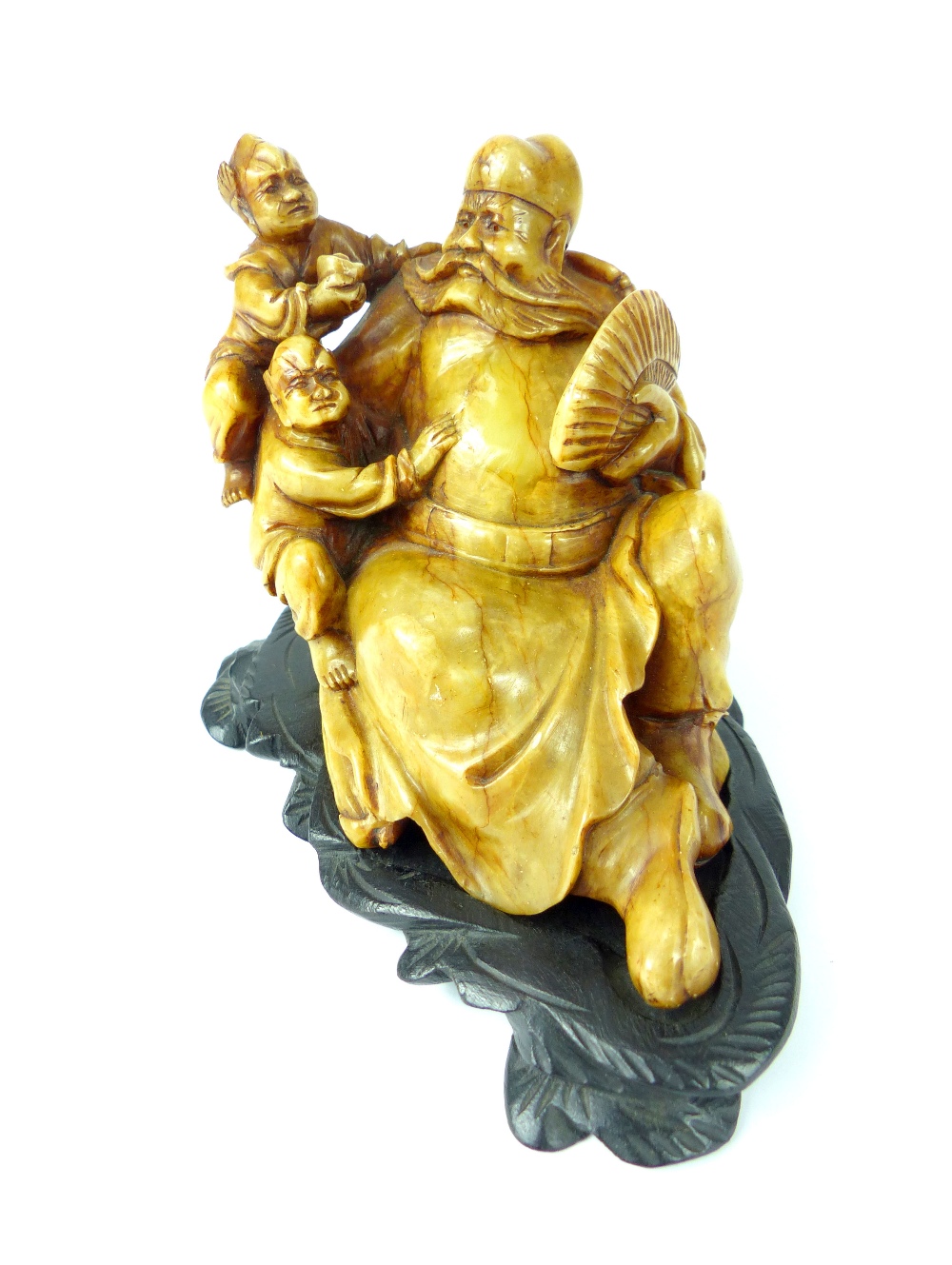 Two Chinese antique carved soapstone figures of bearded immortals, each signed on their bases, - Image 3 of 4