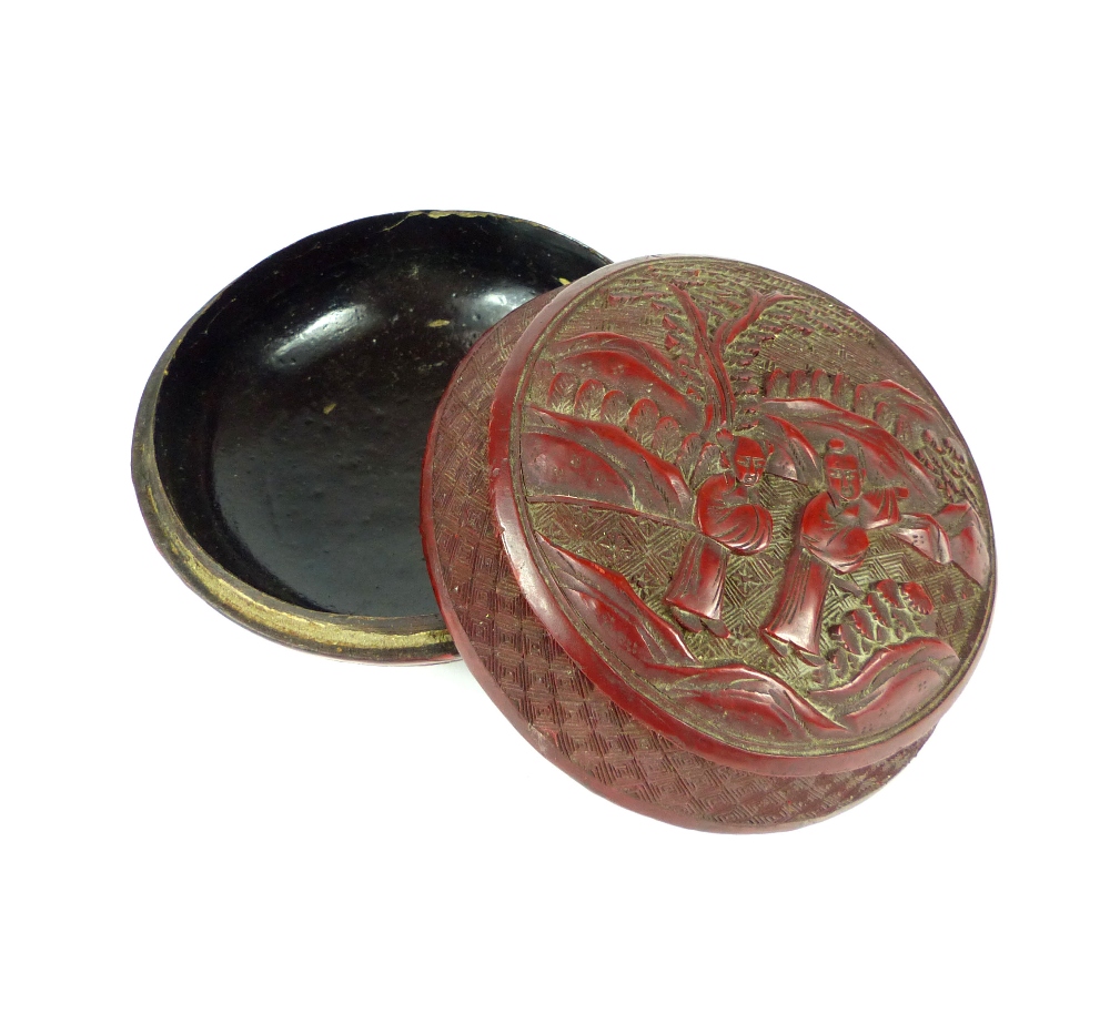 A Chinese antique carved cinnabar lacquered circular box and cover, 7. - Image 4 of 5