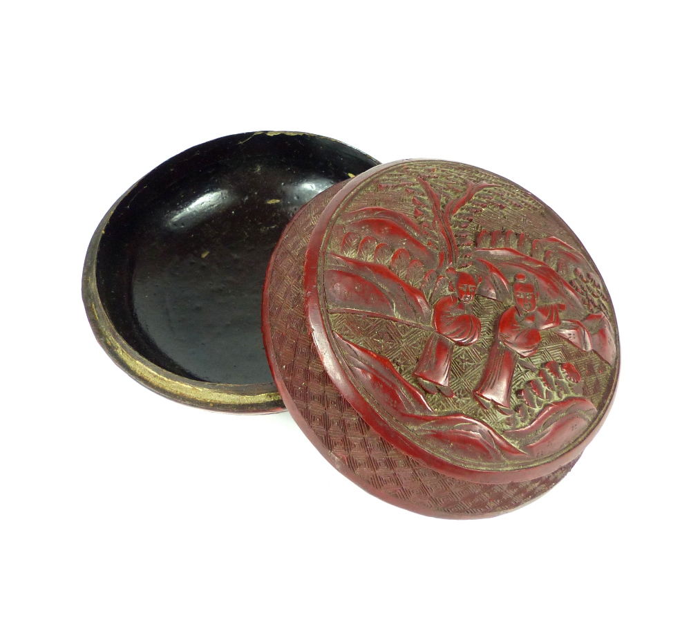 A Chinese antique carved cinnabar lacquered circular box and cover, 7. - Image 5 of 5