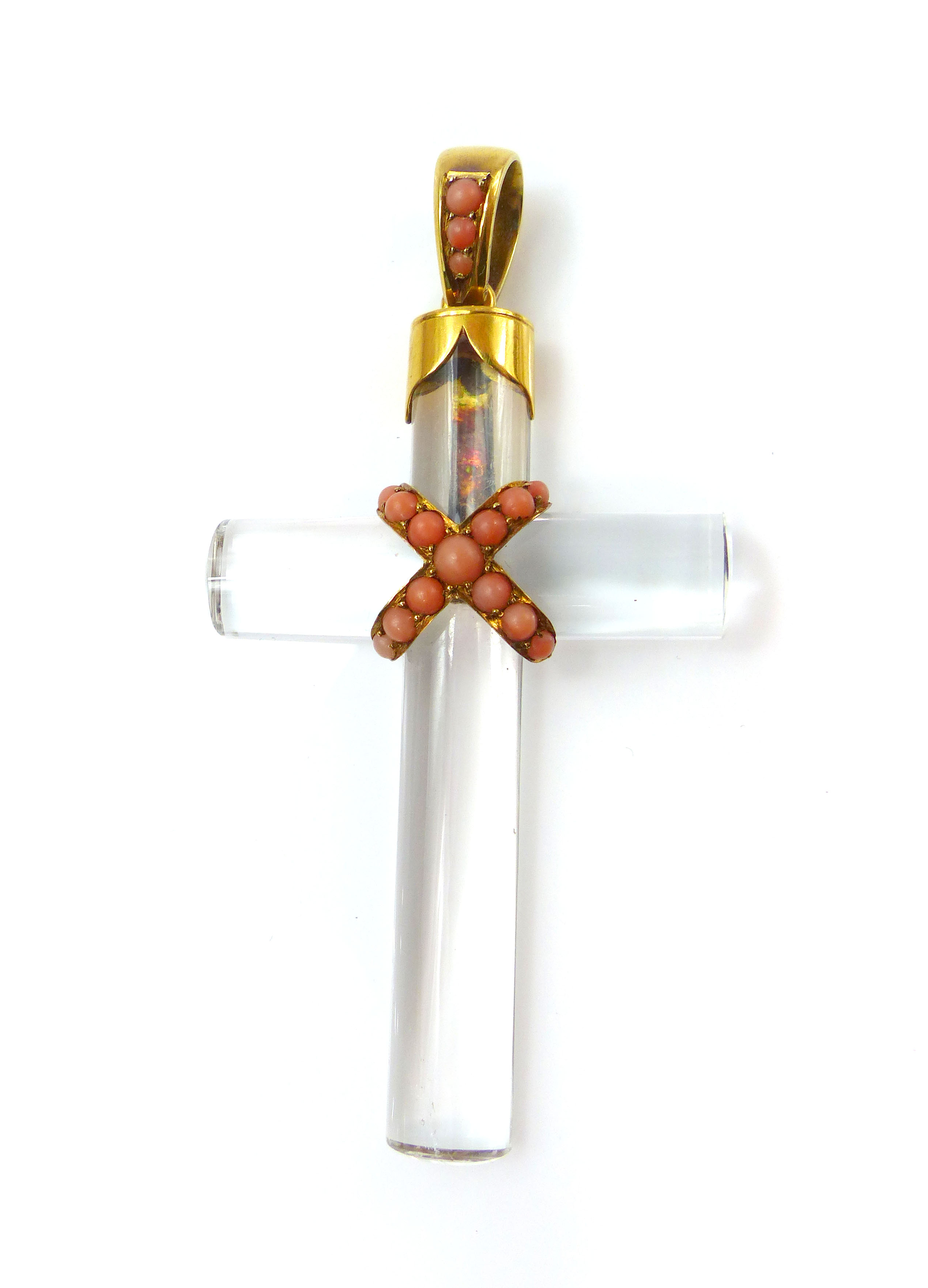 An antique rock crystal and coral cross pendant with high carat yellow gold loop the cross with a - Image 3 of 7