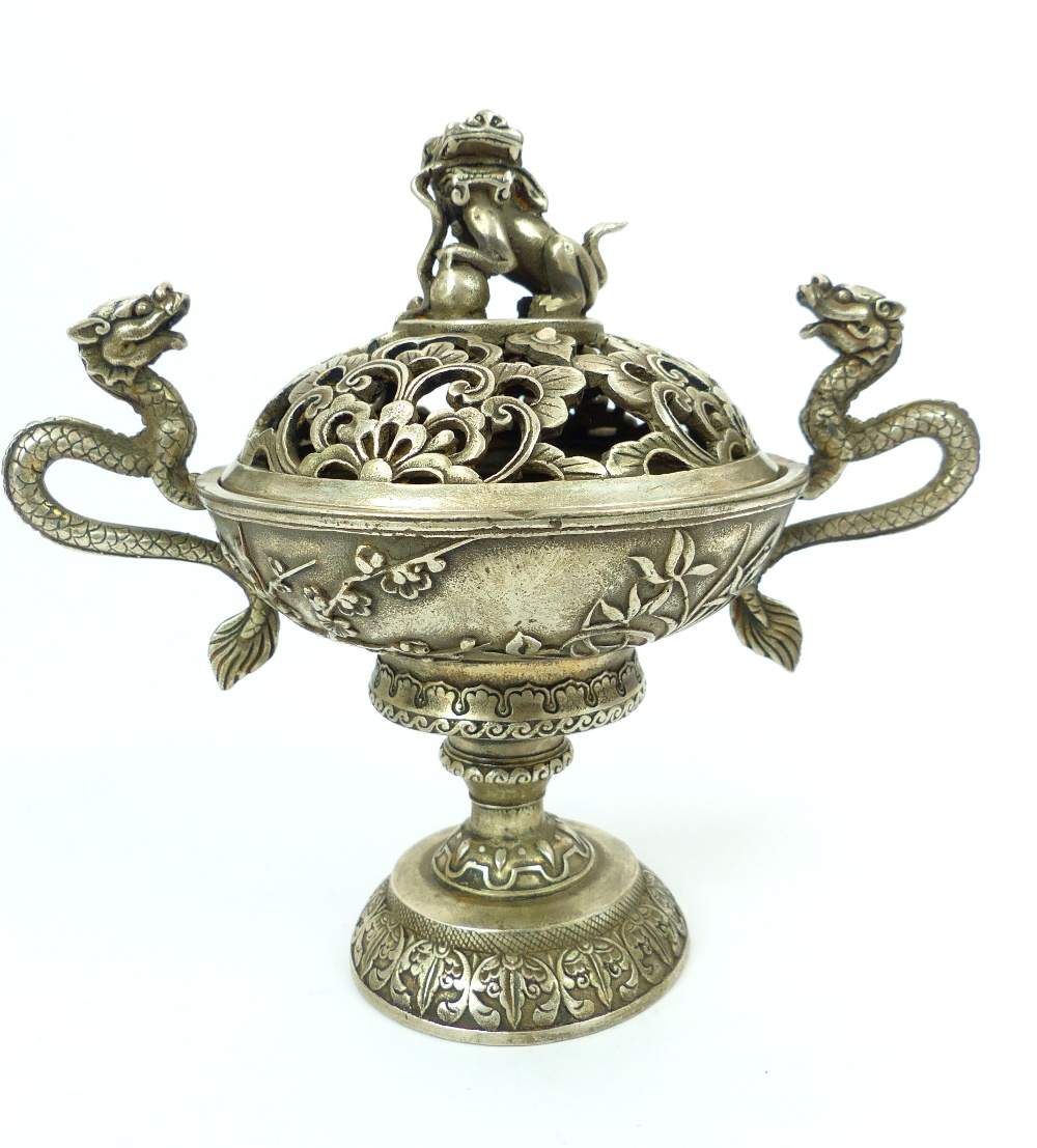 Chinese white metal incense or pot pourri cup and cover, temple dog of Fo surmount, dragon handles,