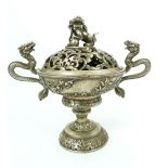 Chinese white metal incense or pot pourri cup and cover, temple dog of Fo surmount, dragon handles,