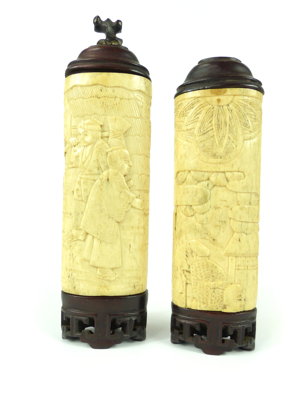 Pair of carved 19th C ivory cylinders, figural and scenic relief carved,