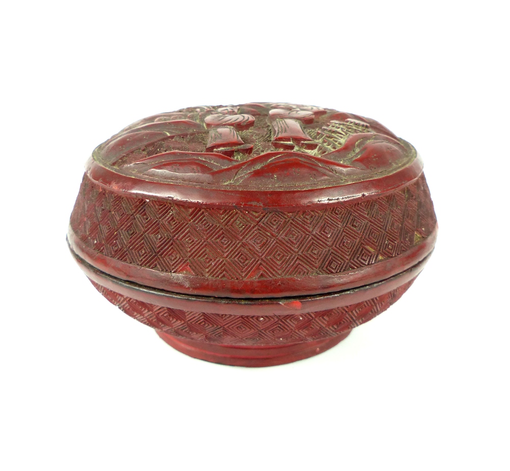 A Chinese antique carved cinnabar lacquered circular box and cover, 7. - Image 3 of 5