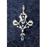 An antique Aquamarine and seed pearl pendant in 15ct yellow gold,