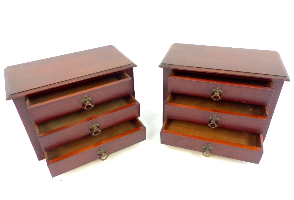 Pair of early 20th C mahogany jewellers' drawers, miniature three drawer chests, bracket feet, 24 - Image 2 of 4