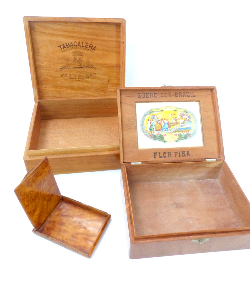 Two vintage cigar boxes, Suerdieck & Co Brazil and Harvey Jackson Tabacalera Philippines, and a burr - Image 2 of 6