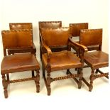 Set of six early 20th C Cromwellian style leather covered dining chairs (4 + 2), oak turned and