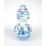 Chinese gourd vase, blue & white glaze, stdies + storks and the 8 immortals, six blue ink character,