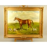 Of hunting interest, 20th century British school, horse accompanied by three dogs, oil on canvas,