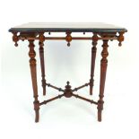 Late 19th c side table, Gothic revival decoration, turned apron, legs + stretchers, burr walnut 63