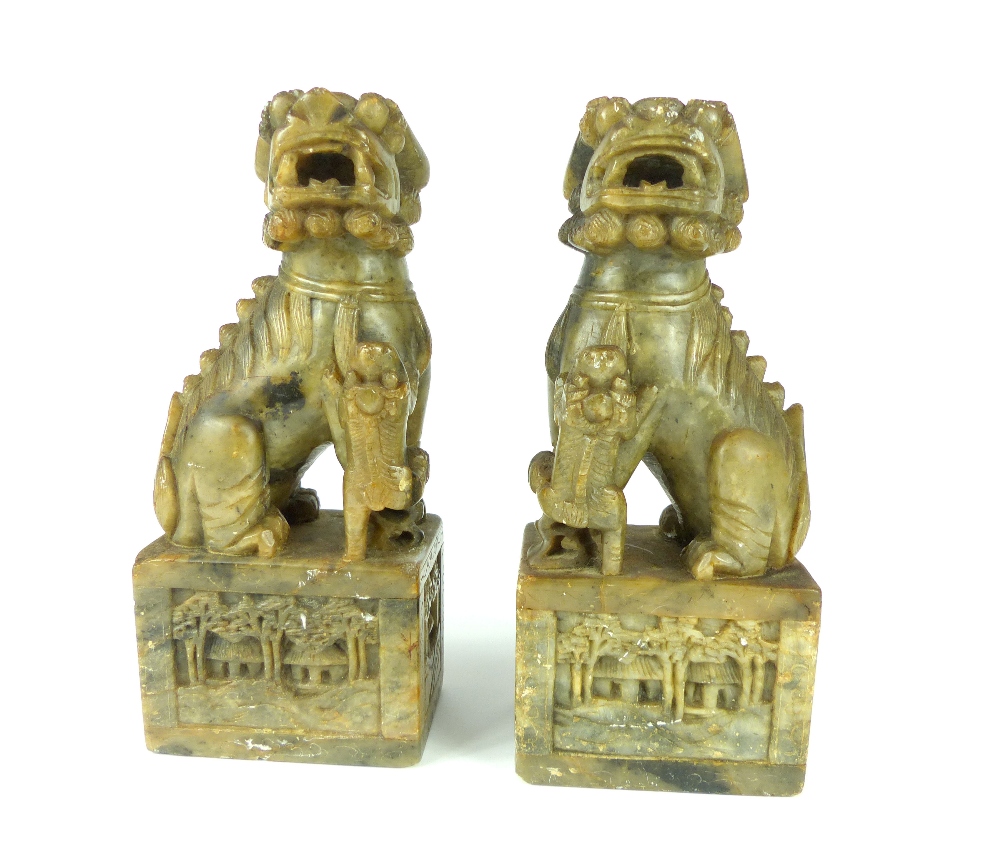 Pair of Chinese temple dogs, carved onyx, open mouth guardians with young at foot, seated on - Image 4 of 4