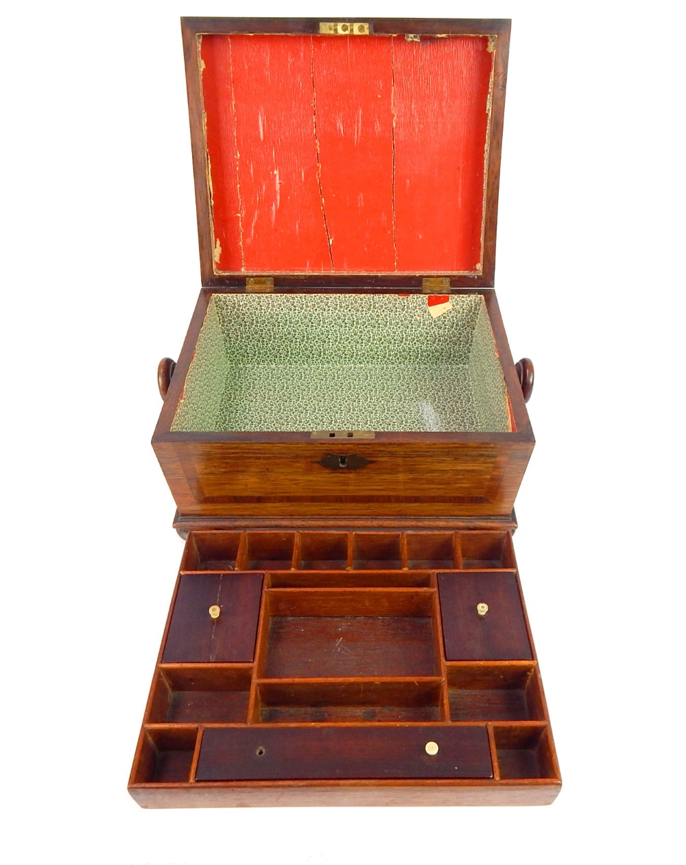 French Empire sewing box, rosewood, brass tablet to E Dix 1831, turned handles, fitted tray, bun - Image 6 of 8