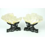 Pair of large Chinese Canton fan shape mother of pearl shells, carved and pierced with figures,