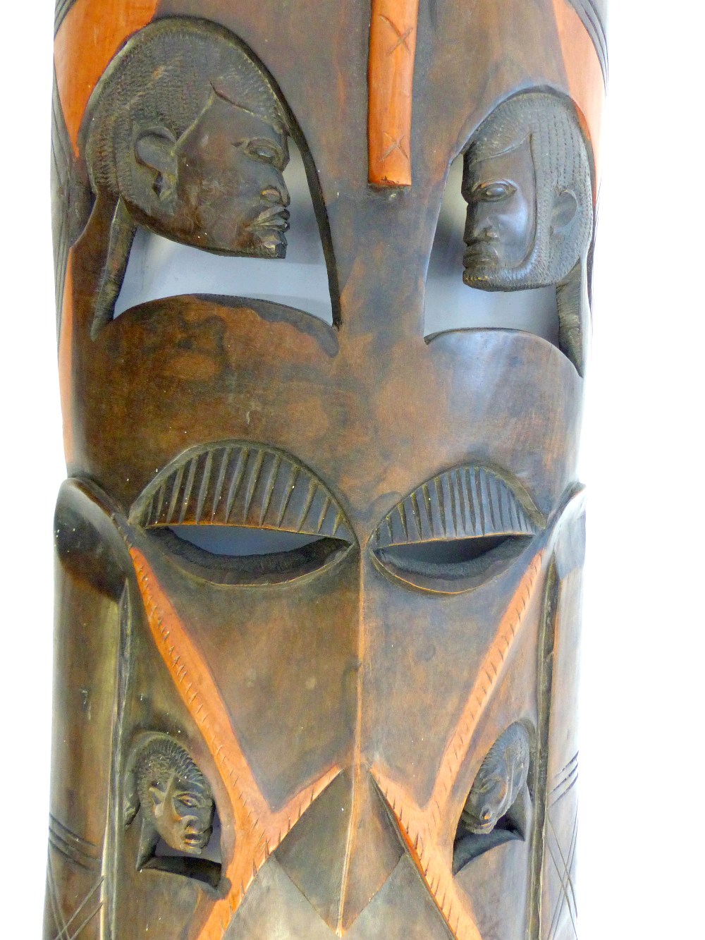 Pair of large African figural carved hardwood tribal wall masks, 90cm high (2) - Image 6 of 7