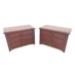 Pair of early 20th C mahogany jewellers' drawers, miniature three drawer chests, bracket feet, 24