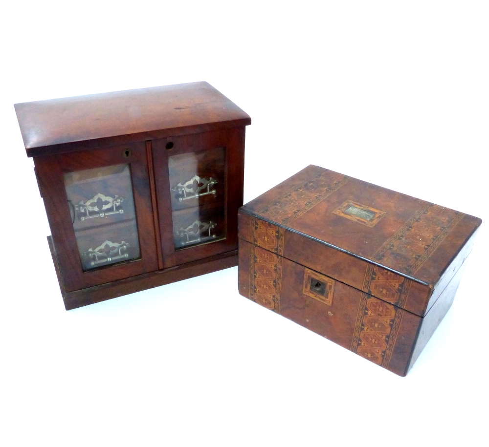 Table top wooden sewing / jewellery cabinet, hinged top revealing two compartments above double