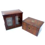 Table top wooden sewing / jewellery cabinet, hinged top revealing two compartments above double