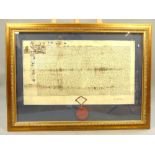 A framed facsimile of an ancient illuminated manuscript with a great knight seal, 48x 85cm, framed.