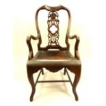 19th C Anglo-Indian elbow chair, hardwood, pierced vase shape splat with floral decoration and