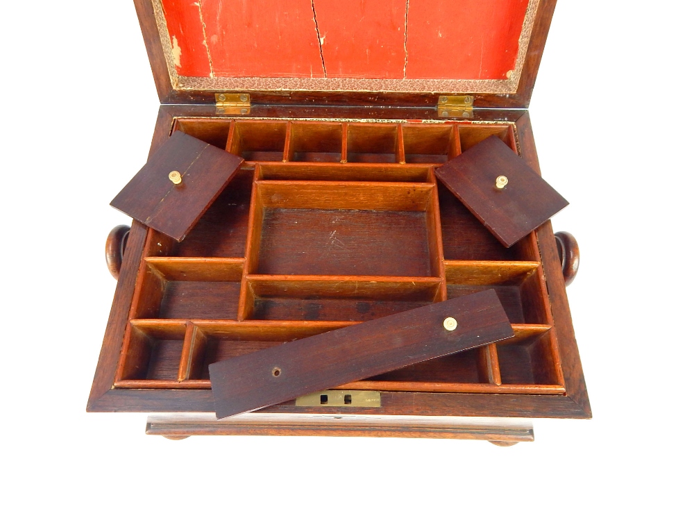 French Empire sewing box, rosewood, brass tablet to E Dix 1831, turned handles, fitted tray, bun - Image 8 of 8