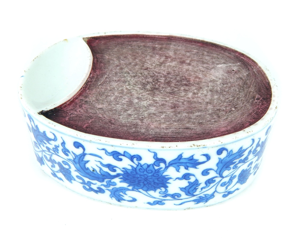 Chinese ceramic ink palette, oval with finish wash section floral, ink stamp to base, 13.5 cm w