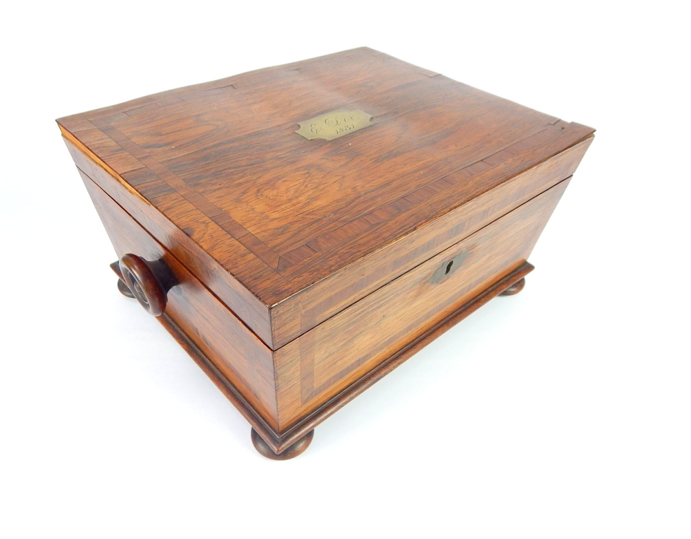 French Empire sewing box, rosewood, brass tablet to E Dix 1831, turned handles, fitted tray, bun - Image 3 of 8