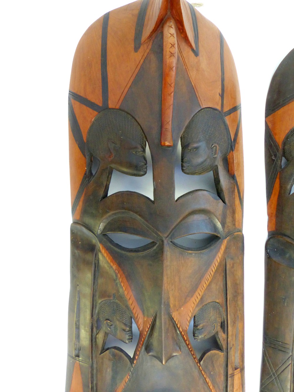 Pair of large African figural carved hardwood tribal wall masks, 90cm high (2) - Image 4 of 7