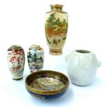 Two Japanese ovoid porcelain vases decorated with figures and scenes, 13cm, a larger vase with