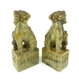 Pair of Chinese temple dogs, carved onyx, open mouth guardians with young at foot, seated on