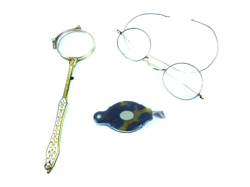 Pair of folding lorgnettes on enamel handle, a pair of folding spectacles, tortoiseshell cased,