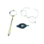 Pair of folding lorgnettes on enamel handle, a pair of folding spectacles, tortoiseshell cased,