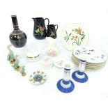 Hand painted plates, Victorian butterfly decorated jugs, Wedgwood inspired bottle vase and other