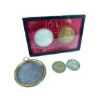 Two silver Peruvian silver Sol coins 1894 & 1924, Napoleonic cast metal plaque, and two framed