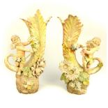 Pair of continental 19th century terracotta cornucopia vases, hand painted decoration, winged