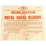 WWII poster: Mobilisation of the Royal Naval Reserve, c 1938, 55 x 44cm