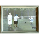 Lawn bowls interest, BMF, 21st C, 3 ladies playing lawn bowls, watercolour, 35.5x52cm