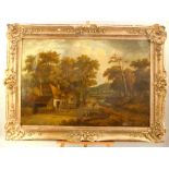 19th century English rural school, an oil on canvas of a rustic idyll, 87x 13cm in original gilt