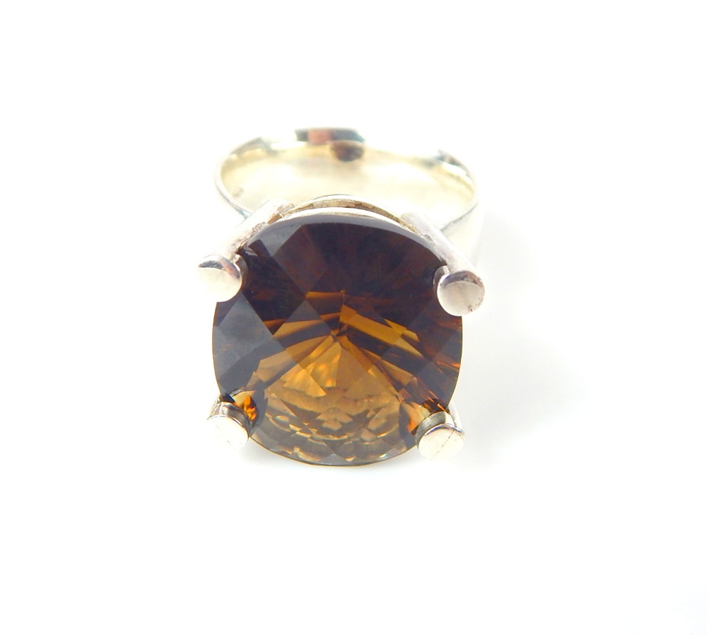 Smoky quartz dress ring, the deep claw setting on a silver band, 13g. - Image 2 of 6