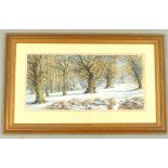 A.W.B. A watercolour and body colour winter woodland view, signed with initials, 17x 35cm, framed.