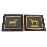 A pair of gilt metal brass vehof horses of the light brigade, mounted on velvet in rosewood