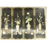 Four Shibyama panels, Japanese lacquer with stone decoration of vase & flowers, teapot, brushes